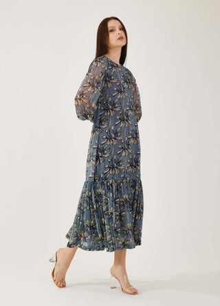 Koai-Blue And Cream Floral Midi Dress-INDIASPOPUP.COM