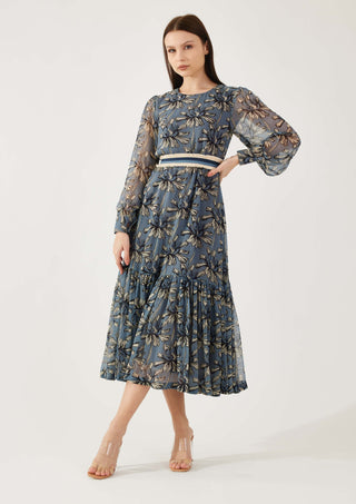 Koai-Blue And Cream Floral Midi Dress-INDIASPOPUP.COM