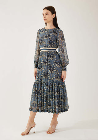 Koai-Blue And Cream Floral Midi Dress-INDIASPOPUP.COM