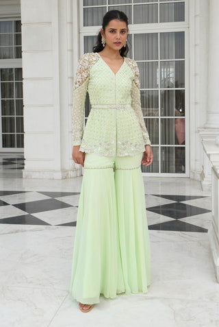 Lime Green Peplum And Kali Sharara Set by Sanya Gulati available on Indiaspopup.com