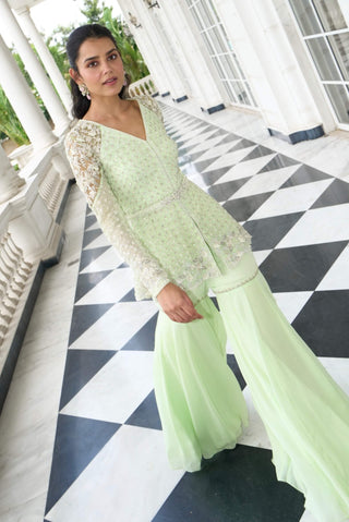 Lime Green Peplum And Kali Sharara Set by Sanya Gulati available on Indiaspopup.com