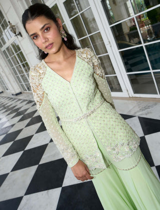 Lime Green Peplum And Kali Sharara Set by Sanya Gulati available on Indiaspopup.com