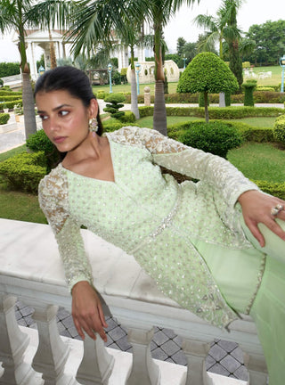 Lime Green Peplum And Kali Sharara Set by Sanya Gulati available on Indiaspopup.com