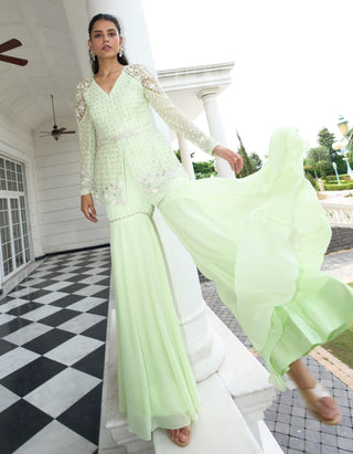 Lime Green Peplum And Kali Sharara Set by Sanya Gulati available on Indiaspopup.com