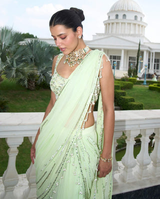 Lime Green Pre-Stitched Sari And Blouse by Sanya Gulati available on Indiaspopup.com