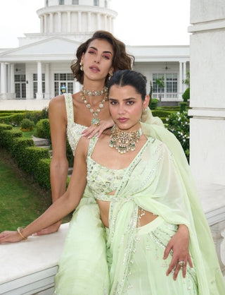 Lime Green Pre-Stitched Sari And Blouse by Sanya Gulati available on Indiaspopup.com