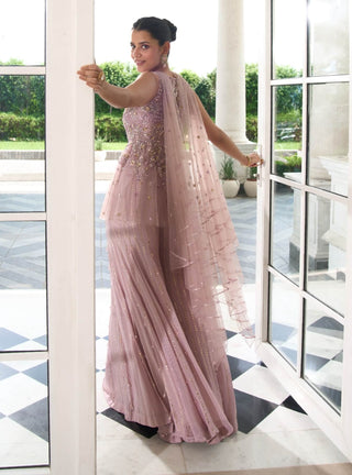 Lilac Net Peplum Sharara Set by Sanya Gulati available on Indiaspopup.com