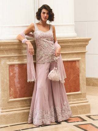 Lilac Shimmer Sharara Set by Sanya Gulati available on Indiaspopup.com