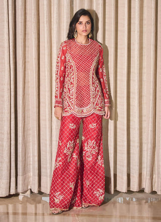 Red Silk Organza Palazzo Set by Sanya Gulati available on Indiaspopup.com