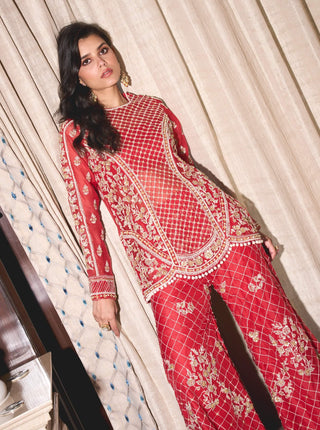 Red Silk Organza Palazzo Set by Sanya Gulati available on Indiaspopup.com