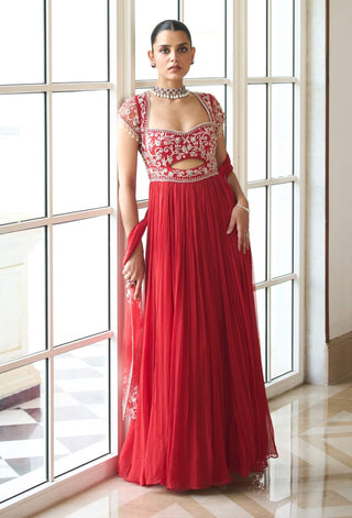 Red Embroidered Anarkali And Dupatta by Sanya Gulati available on Indiaspopup.com