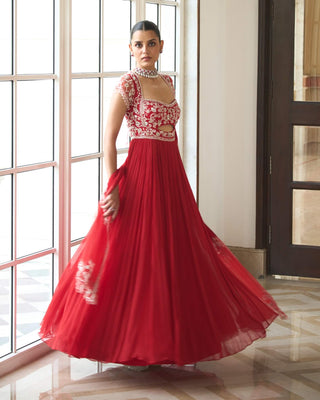 Red Embroidered Anarkali And Dupatta by Sanya Gulati available on Indiaspopup.com