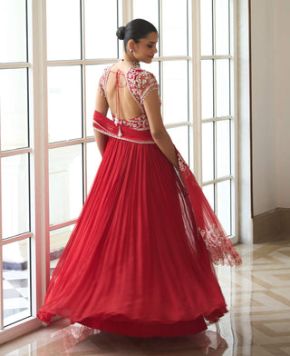 Red Embroidered Anarkali And Dupatta by Sanya Gulati available on Indiaspopup.com