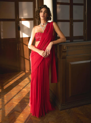 Red Chiffon Pre-Stitched Sari And Bustier by Sanya Gulati available on Indiaspopup.com