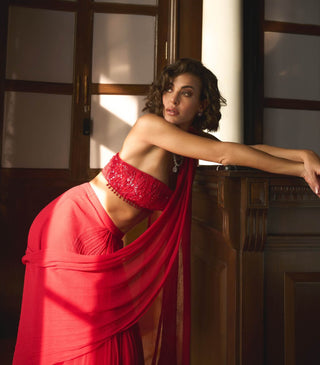 Red Chiffon Pre-Stitched Sari And Bustier by Sanya Gulati available on Indiaspopup.com
