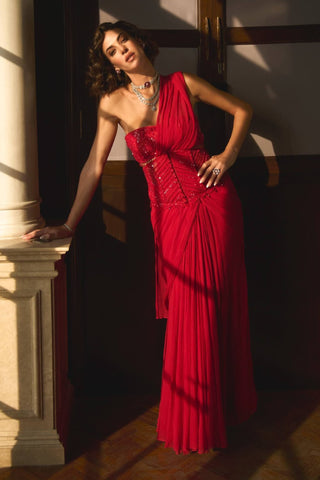 Red Pre-Stitched Sari And Corset Set by Sanya Gulati available on Indiaspopup.com