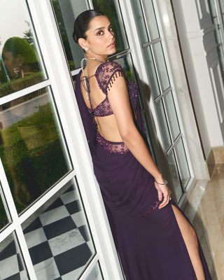 Purple Pre-Stitched Sari And Blouse by Sanya Gulati available on Indiaspopup.com