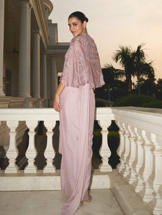 Lilac Shimmer Cape And Sari Set by Sanya Gulati available on Indiaspopup.com