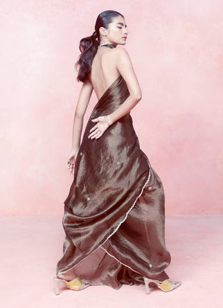 Obsidian Black Tissue Sari With Unstitched Blouse by Ekaya available on Indiaspopup.com