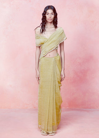 Primrose Lemon Tissue Sari With Unstitched Blouse by Ekaya available on Indiaspopup.com