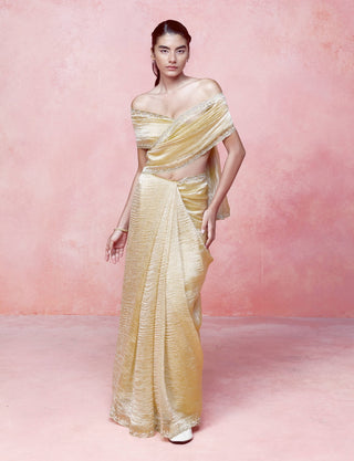 Ochre Gold Tissue Sari With Unstitched Blouse by Ekaya available on Indiaspopup.com