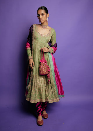 Punit Balana Sage Green And Gulabi Gulaal Pakeezah Tissue Anarkali Set available on indiaspopup