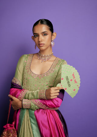 Punit Balana Sage Green And Gulabi Gulaal Pakeezah Tissue Anarkali Set available on indiaspopup