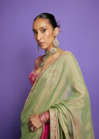 Punit Balana Sage Green And Gulabi Classic Tissue Sari And Blouse available on indiaspopup
