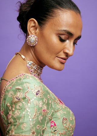 Punit Balana Sage Green And Purple Johari Lehenga Set available on indiaspopup