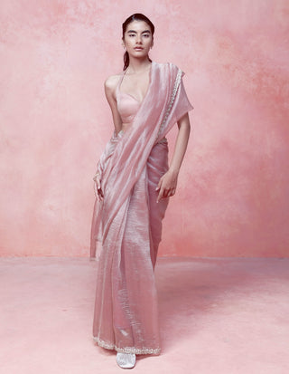 Quartz Pink Tissue Sari With Unstitched Blouse by Ekaya available on Indiaspopup.com
