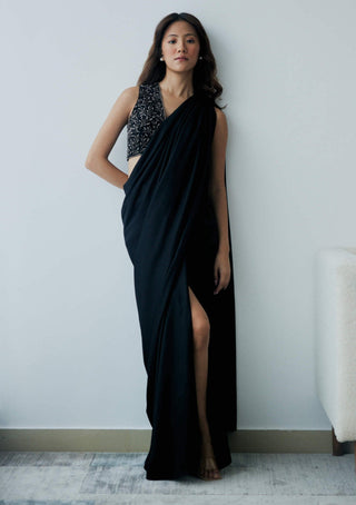 Lavanya Ahuja-Midnight Black Knot Drape Sari And Blouse-INDIASPOPUP.COM