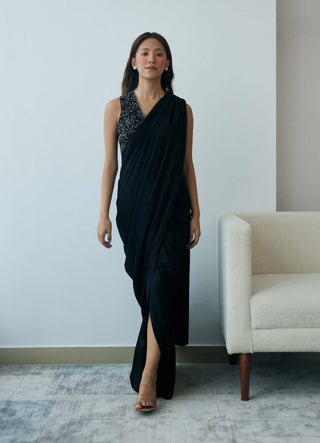 Lavanya Ahuja-Midnight Black Knot Drape Sari And Blouse-INDIASPOPUP.COM