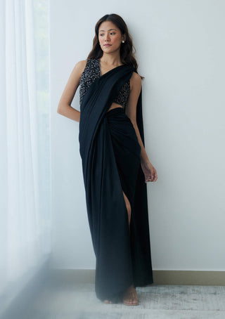 Lavanya Ahuja-Midnight Black Knot Drape Sari And Blouse-INDIASPOPUP.COM