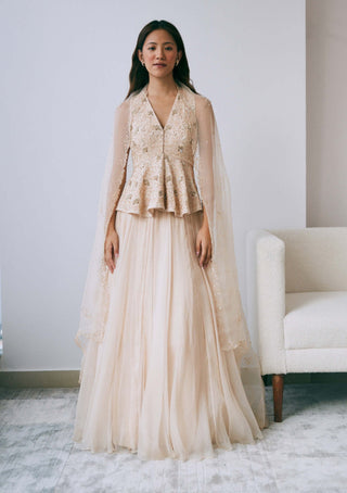 Lavanya Ahuja-Pearled Sand Peplum Lehenga Set-INDIASPOPUP.COM