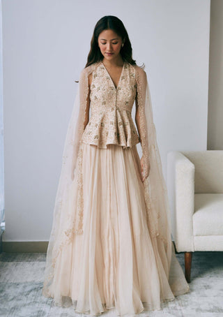 Lavanya Ahuja-Pearled Sand Peplum Lehenga Set-INDIASPOPUP.COM
