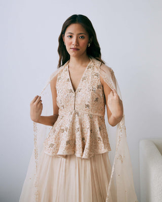 Lavanya Ahuja-Pearled Sand Peplum Lehenga Set-INDIASPOPUP.COM