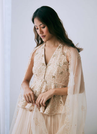 Lavanya Ahuja-Pearled Sand Peplum Lehenga Set-INDIASPOPUP.COM