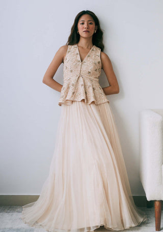 Lavanya Ahuja-Pearled Sand Peplum Lehenga Set-INDIASPOPUP.COM