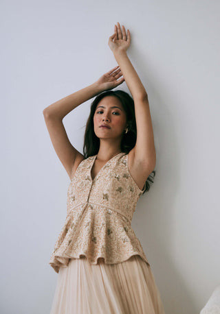 Lavanya Ahuja-Pearled Sand Peplum Lehenga Set-INDIASPOPUP.COM