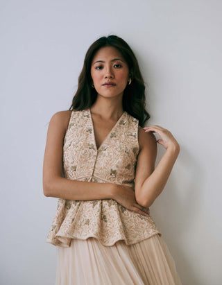 Lavanya Ahuja-Pearled Sand Peplum Lehenga Set-INDIASPOPUP.COM