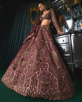 Mahruq Wine Gold Zari Lehenga Set by Roqa available on Indiaspopup.com