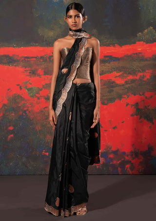 Ekaya-Black Handwoven Silk Sari And Unstitched Blouse-INDIASPOPUP.COM