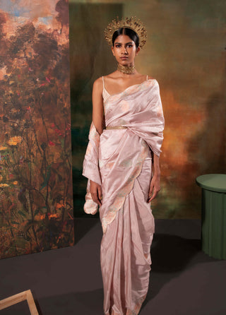Ekaya-Gray Handwoven Silk Sari And Unstitched Blouse-INDIASPOPUP.COM