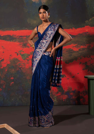 Ekaya-Blue Silk Sari And Unstitched Blouse-INDIASPOPUP.COM