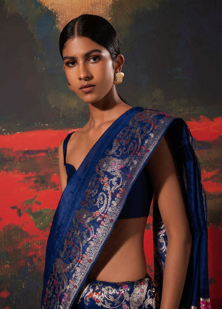 Ekaya-Blue Silk Sari And Unstitched Blouse-INDIASPOPUP.COM