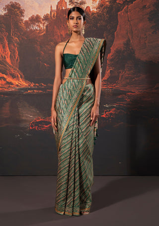 Ekaya-Green Handwoven Silk Sari And Unstitched Blouse-INDIASPOPUP.COM
