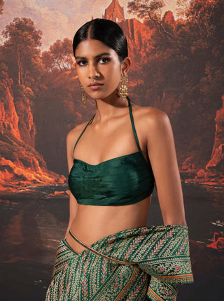 Ekaya-Green Handwoven Silk Sari And Unstitched Blouse-INDIASPOPUP.COM
