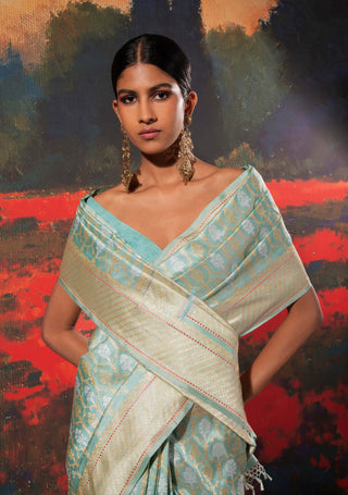 Ekaya-Blue Handwoven Silk Sari And Unstitched Blouse-INDIASPOPUP.COM