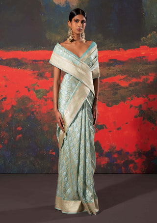Ekaya-Blue Handwoven Silk Sari And Unstitched Blouse-INDIASPOPUP.COM