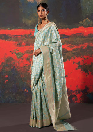 Ekaya-Blue Handwoven Silk Sari And Unstitched Blouse-INDIASPOPUP.COM